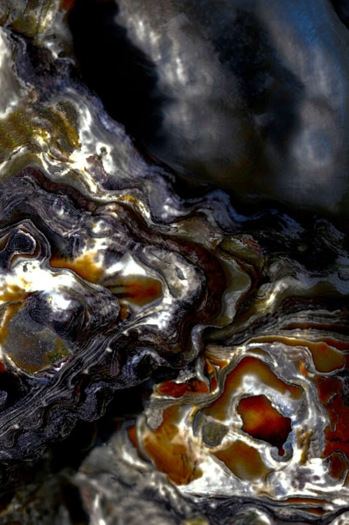 The Void - Geological formation with flowing darkness and white elements, Nusa Lembongan, Indonesia, 2019